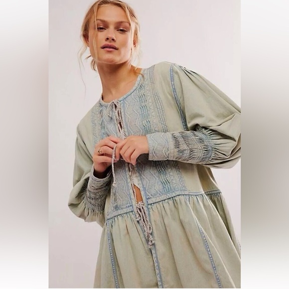 Free People Sweet Summer Bed Jacket Dress Oversize Chambray Denim Swingy - Picture 4 of 6